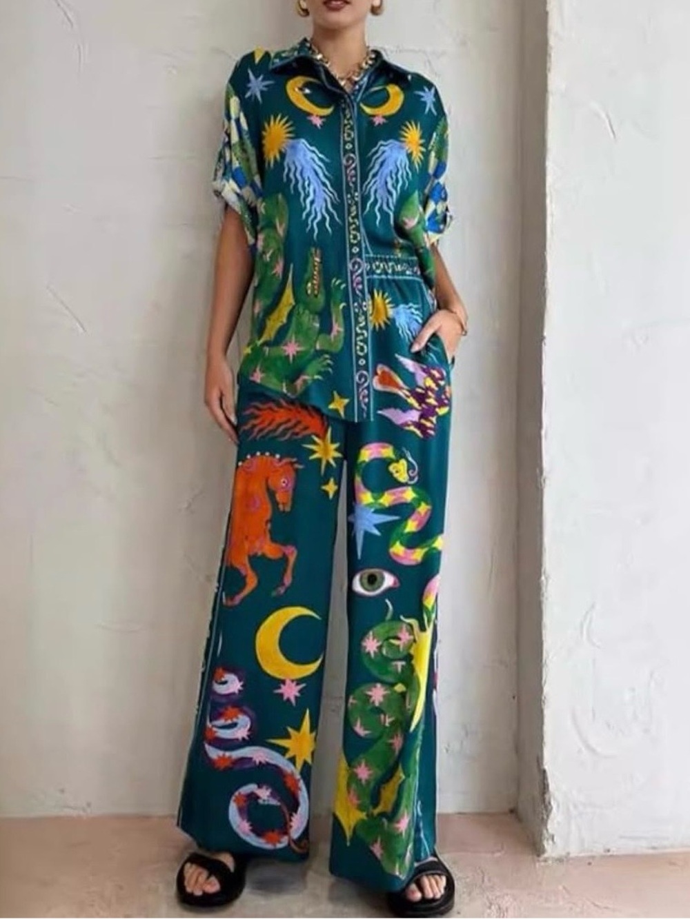 Teal Celestial & Animal Print Wide-Leg Jumpsuit